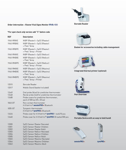RVS-100 Vital Signs Monitor - NIBP-HR-SpO2-Temp - Neonatal to Adult - Monitor, Spot Check and Triage Modes - Ships with 500 Temp Probe Covers and 20 Rolls Thermal Printer Paper with Standard SKUs