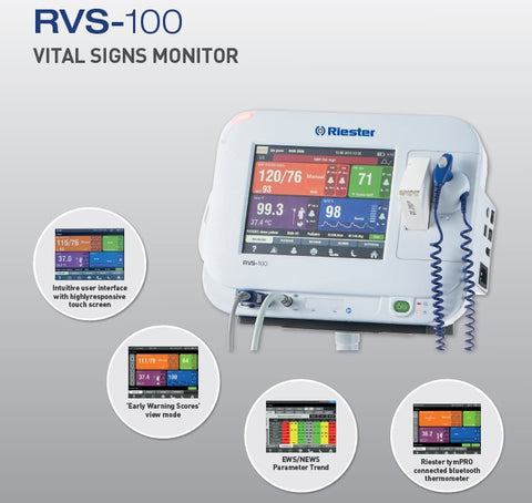 RVS-100 Vital Signs Monitor - NIBP-HR-SpO2-Temp - Neonatal to Adult - Monitor, Spot Check and Triage Modes - Ships with 500 Temp Probe Covers and 20 Rolls Thermal Printer Paper with Standard SKUs