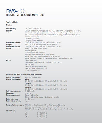 RVS-100 Vital Signs Monitor - NIBP-HR-SpO2-Temp - Neonatal to Adult - Monitor, Spot Check and Triage Modes - Ships with 500 Temp Probe Covers and 20 Rolls Thermal Printer Paper with Standard SKUs