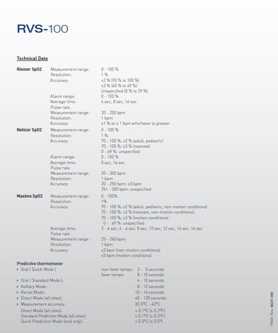 RVS-100 Vital Signs Monitor - NIBP-HR-SpO2-Temp - Neonatal to Adult - Monitor, Spot Check and Triage Modes - Ships with 500 Temp Probe Covers and 20 Rolls Thermal Printer Paper with Standard SKUs