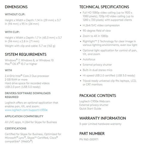 SORRY -  OUT OF STOCK   Webcam - Logitech C930e HD Webcam