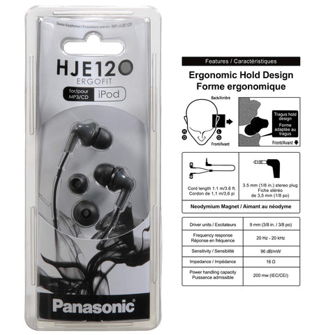 Panasonic ErgoFit In-Ear Earbud Headphones RP-HJE120-K (Black) NO MICROPHONE Dynamic Crystal Clear Sound, Ergonomic Comfort-Fit