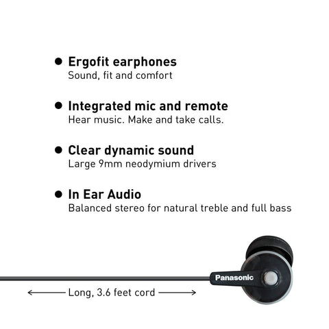 Panasonic ErgoFit In-Ear Earbuds Headphones RP-TCM125-K WITH Microphone and Call Controller (Black)