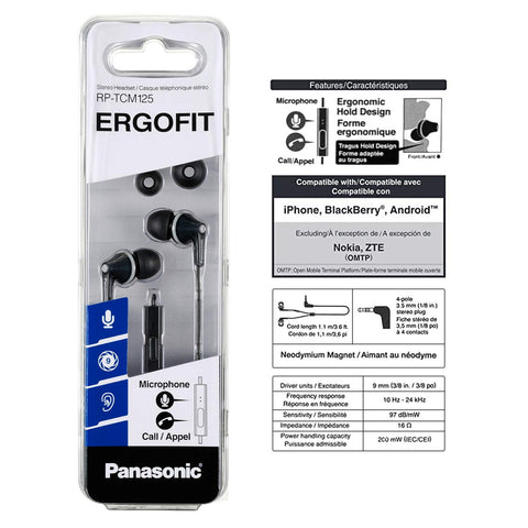 Panasonic ErgoFit In-Ear Earbuds Headphones RP-TCM125-K WITH Microphone and Call Controller (Black)