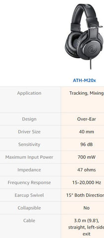 Headset - Audio-Technica ATH-M20x Professional Studio Monitor Headphones - Black - LAST 4